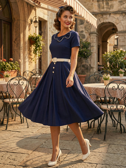 Contrast Piping Bow Neck Button Decor Pleated A Line Swing Dress For Women 2026
