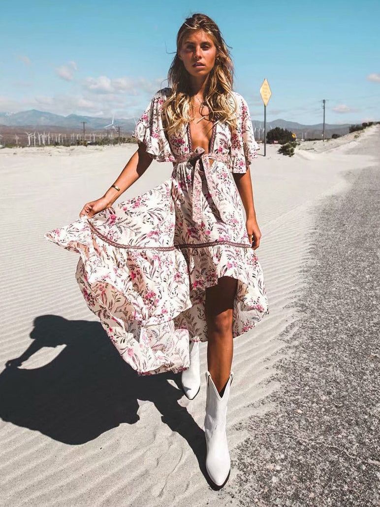 Floral High Low Boho Dress for Women - Cream Pink Cut Out Tie Front Flutter Sleeve Long Dress - Summer Beach Holiday 2026