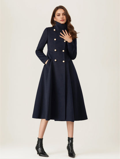 Woolen Flared Coat For Woman Stand Collar Dark Navy Vintage Double-breasted Winter Midi Outerwear 2026