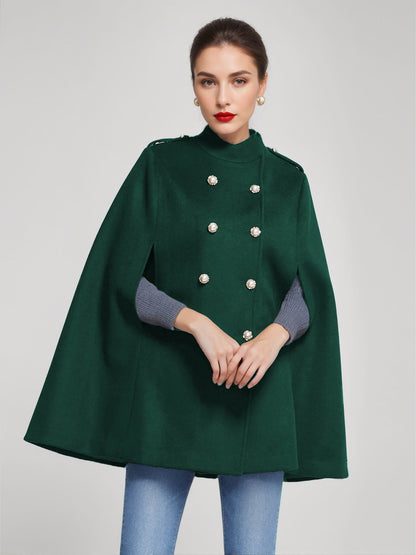 Woolen Cape Coat For Women Stand Collar Dark Navy Double-breasted Winter Poncho Outerwear 2026