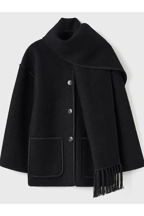 Scarf-Neckline Felt Woolen Coat