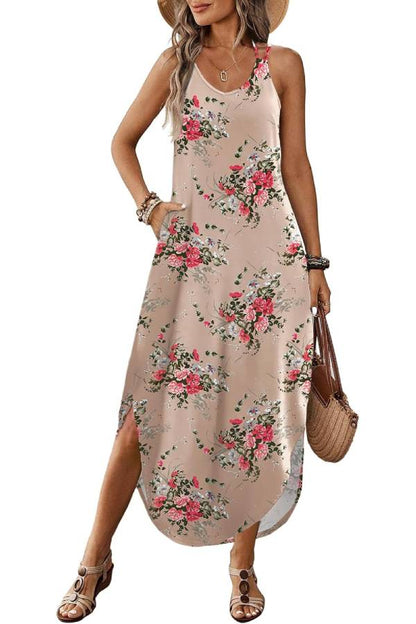 Casual V-neck halter slit bohemian beach resort maxi dress