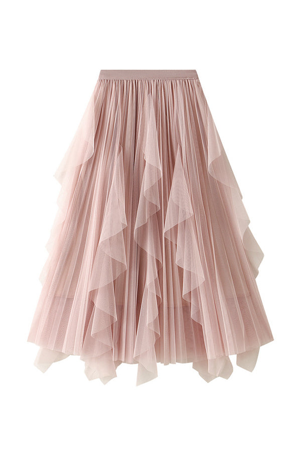 High-waisted ruffled patchwork mesh skirt