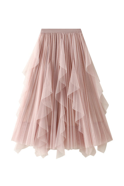 High-waisted ruffled patchwork mesh skirt