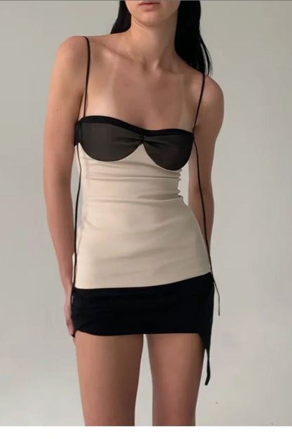 Mesh Illusion Overlay Spaghetti Strap Asymmetric Hem Mini Dress
