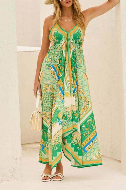 Elegant Off-Shoulder V-Neck Suspender Print Swing Dress