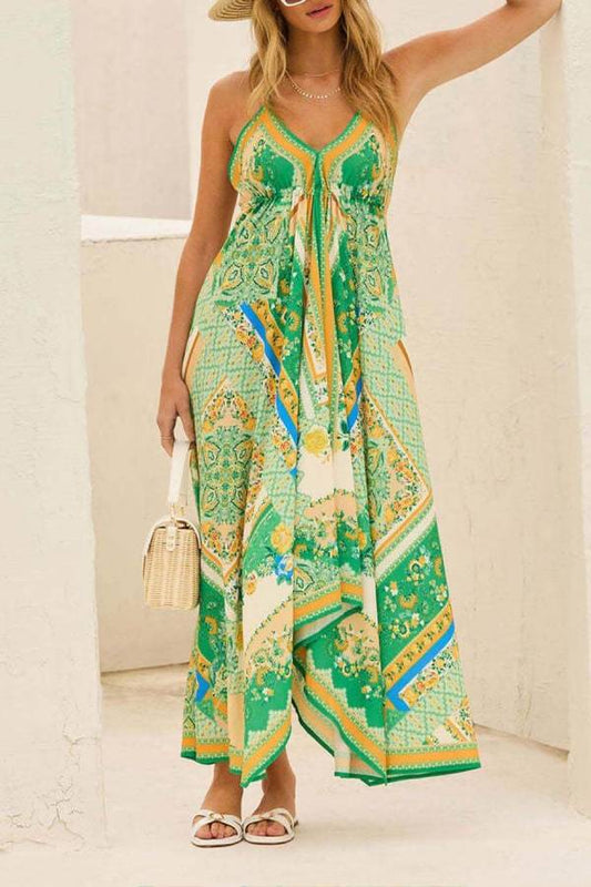 Elegant Off-Shoulder V-Neck Suspender Print Swing Dress