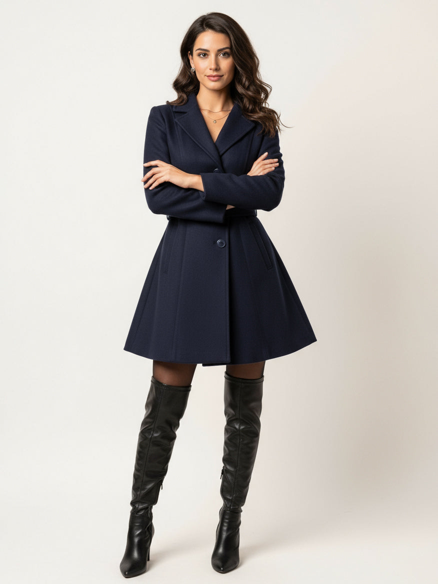 Red Wool-Blend Flare Coat With Belt For Women 2026