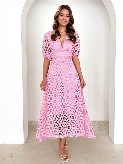 Lace Dress V-neck Puff Sleeve A-line Midi Dress For Women 2026