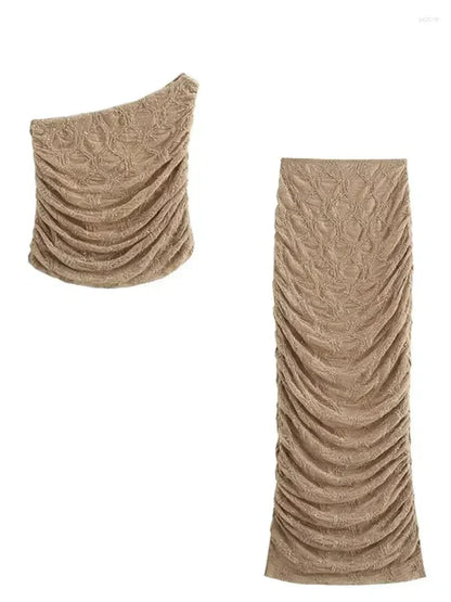 Rhinestone Ruched Long Skirt & One Shoulder Top Coord Set