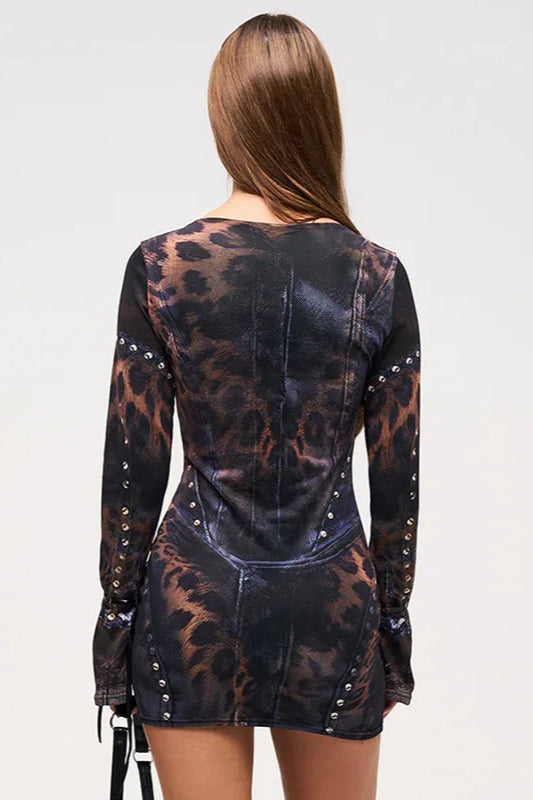 Studded Corset Print Graphic Bell Cuff Long Sleeve Mini Dress