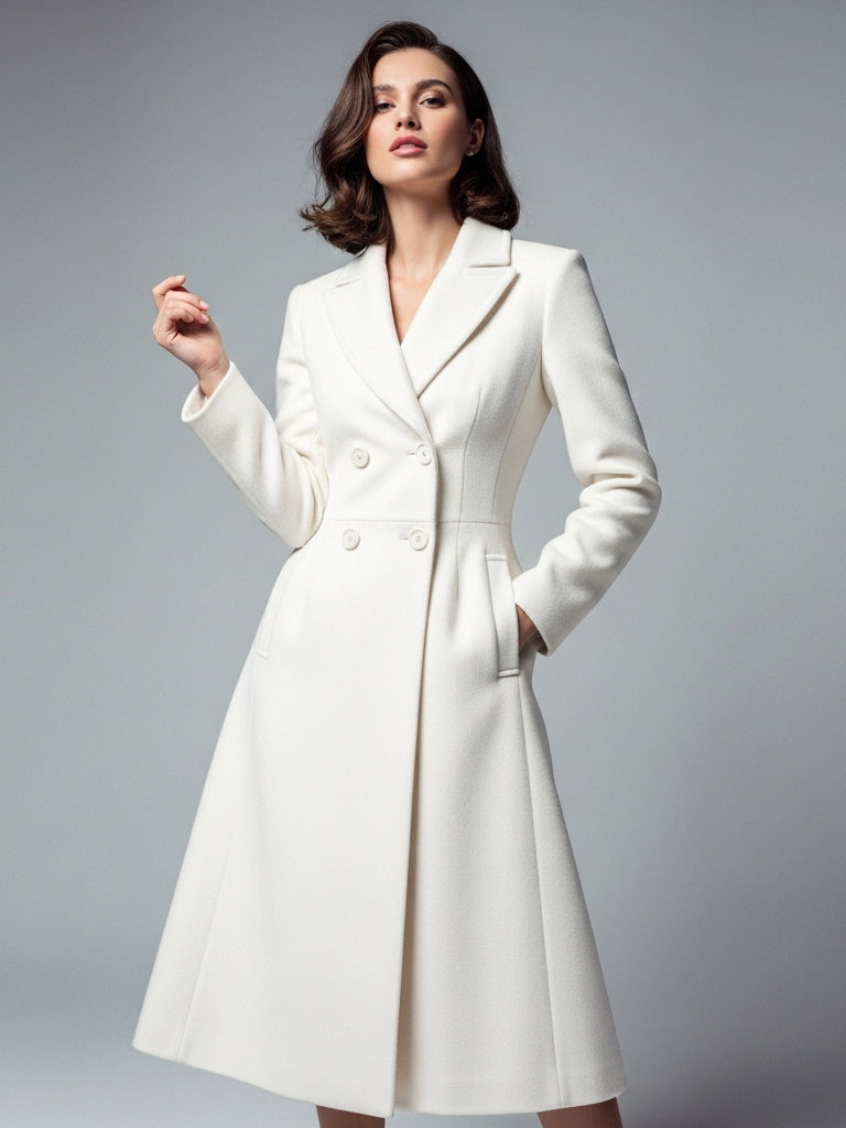 White Woolen Double-Breasted Midi Coat With Sharp Lapel And X-Line For Women 2026
