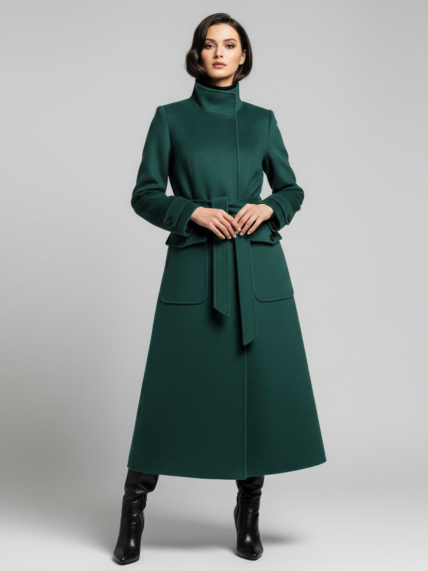 Belted Woolen Stand-Collar Long Winter Coat With Functional Pockets For Women 2026