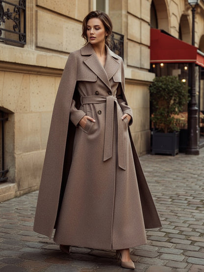 Maxi Double-breasted Woolen Coat With Detachable Cape And Belt For Women 2026