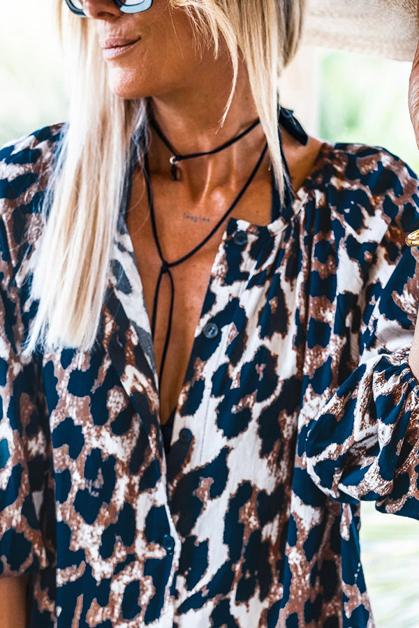 Black Leopard Lantern Sleeve Button Up Mini Dress