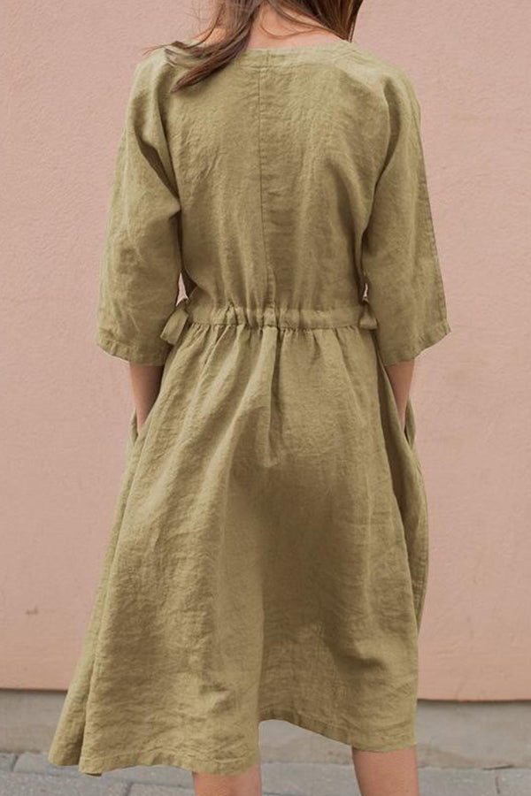 Lace-up V-neck cotton linen mid-sleeve dress