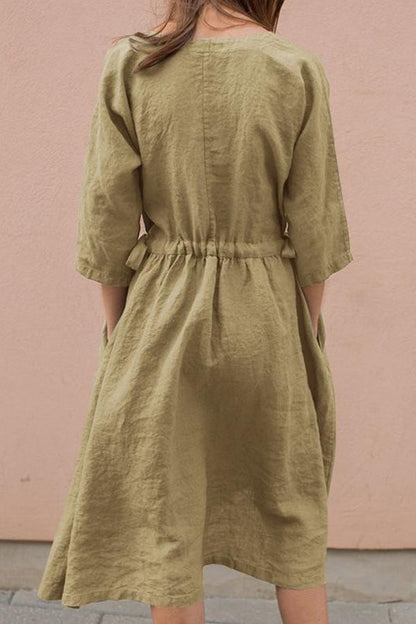Lace-up V-neck cotton linen mid-sleeve dress