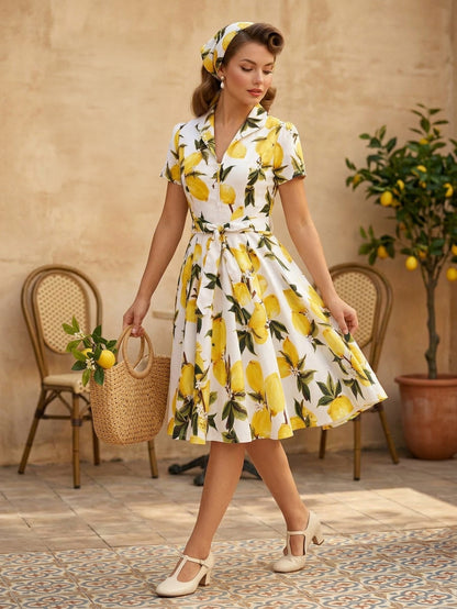 Vintage Printed Tea Dress for Women - 1950s A-Line Belted Short Sleeve Rockabilly Swing Midi Dress - Holiday Picnic 2026