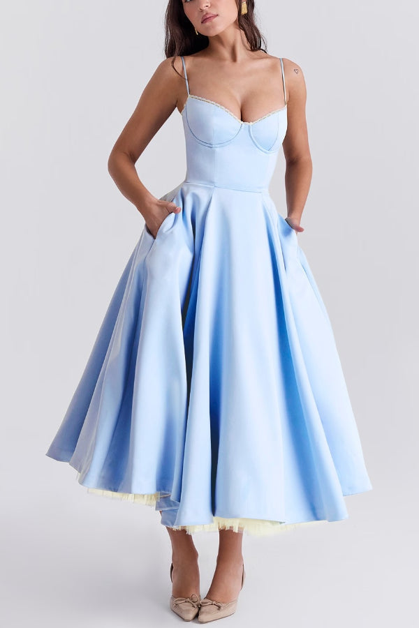Lace Trim Sweetheart Corset Bodice Tulle Petticoat Fit and Flare Midi Dress