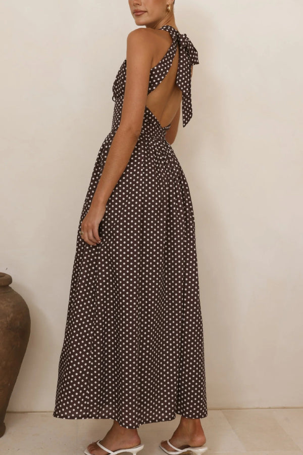 Polka Dot Print Halter Neck Fitted Waist Holiday Maxi Dress