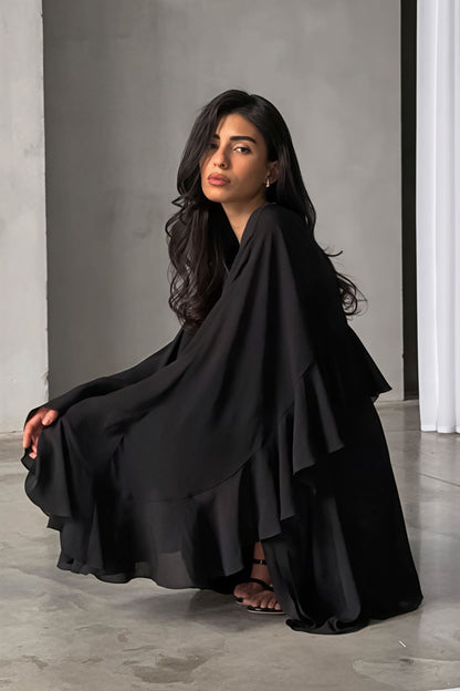 Tiered Ruffle Cape Sleeve Crew Neck Shift Mini Dress