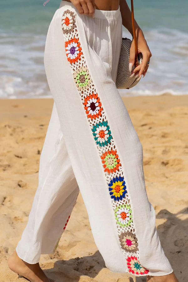 Dimarco Linen Blend Colorful Crochet Flower Patchwork Stretch Waist Wide Leg Pants