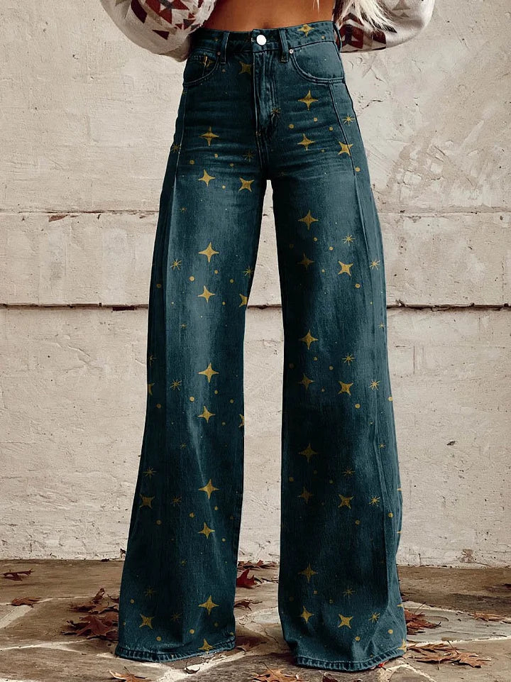 Women's Wide-Leg Printed Jeans – Flared Statement Denim Trousers