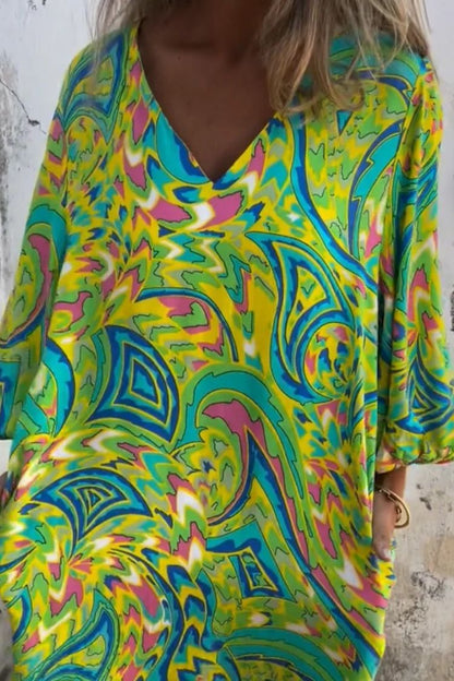 Printed V-neck Pullover Long-sleeved Loose Dress