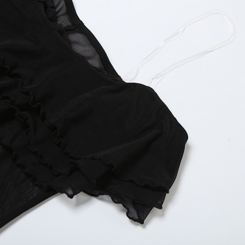 Ruffle u neck mesh solid cami maxi dress