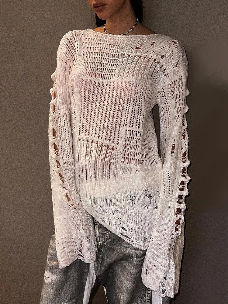 Hollow Out Loose O-Neck Long Sleeve Knitted Pullover Sweater