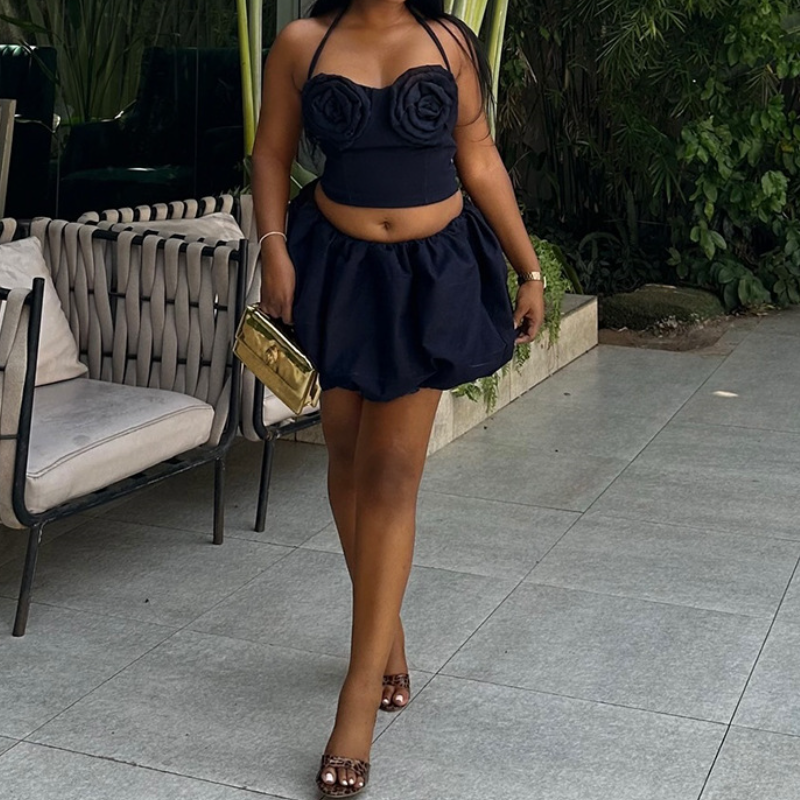 Halter flower applique ruched mini skirt set