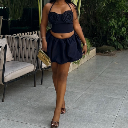 Halter flower applique ruched mini skirt set