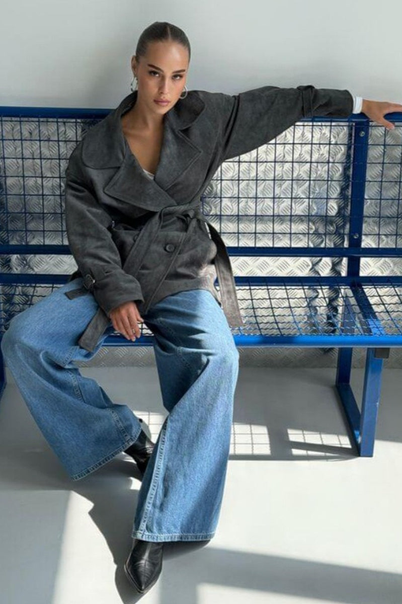 Vintage Suede Lapel Tie Waist Jacket Coat