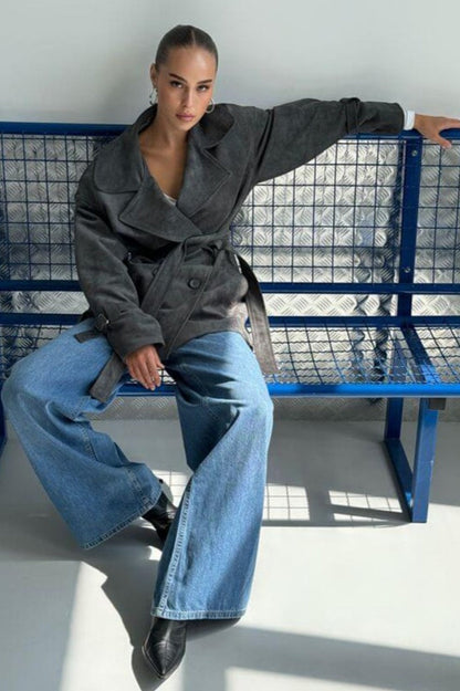 Vintage Suede Lapel Tie Waist Jacket Coat