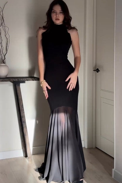 Solid Color Mesh Fitted Sexy Bodycon Maxi Dress