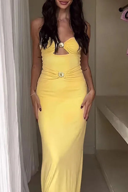 Strapless Twisted Cutout Ruched Column Midi Dress