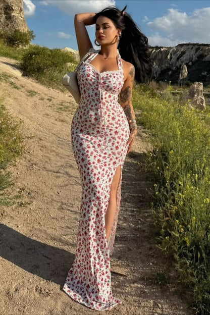 Floral Tie-Back Backless Fitted Split Maxi Dress