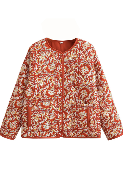 V-neck Floral Print Loose Quilted Cotton Jacket