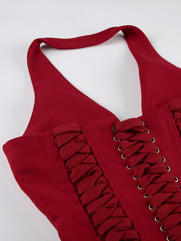 Halterneck Corset Top With Zipper And Back Lace-up Detail For Night Club 2026