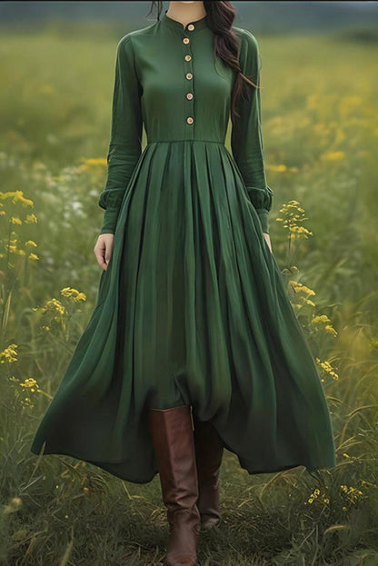 Linen Blend Vintage Long-sleeved Button-down Holiday Midi Dress
