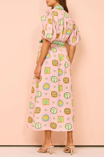 Lantern Sleeves Button Down Tie Waist Printed Midi Shirt Dress