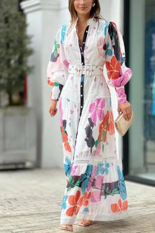 Floral Print Lace Paneled Single Breasted Long Sleeved Maxi Dress