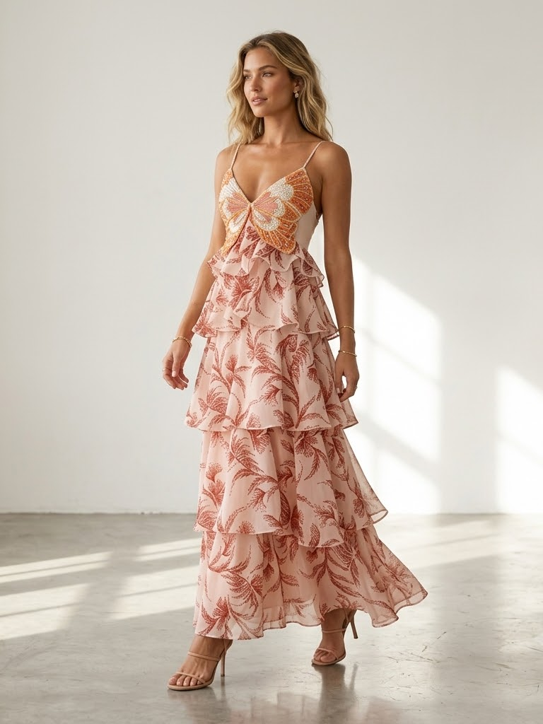 Vacation Dresses Maxi Backless Ruffles Sleeveless V-Neck Chic Orange Red Dresses