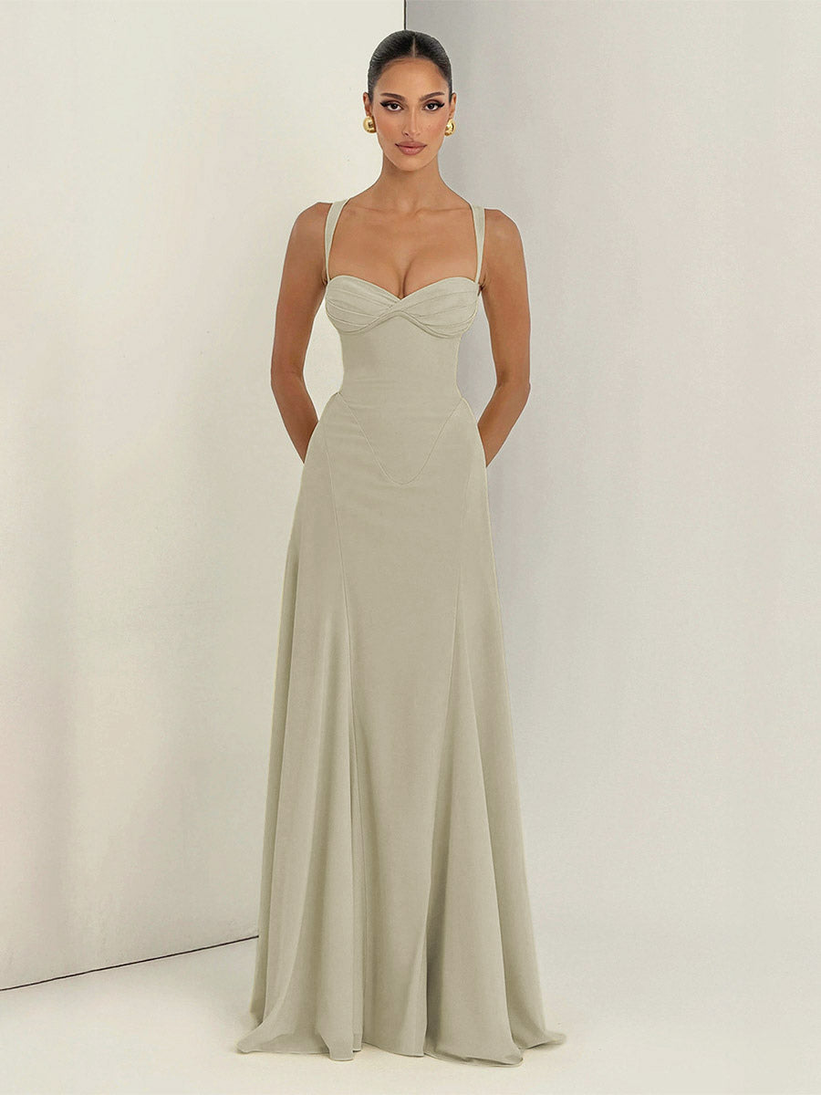 Party Dress Maxi Beige Halter Pleated Sleeveless Backless Chic Semi Formal Dress
