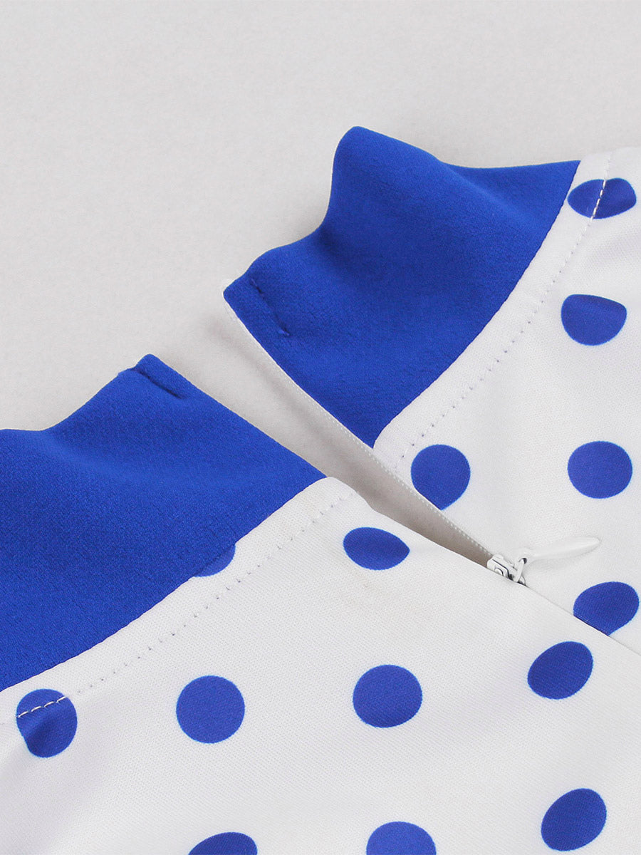 Polka Dot Patchwork Bow Tie Neck Short Sleeve Retro Swing Dress For Women 2026