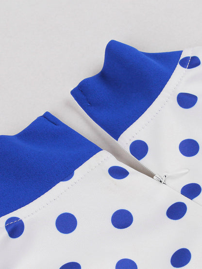 Polka Dot Patchwork Bow Tie Neck Short Sleeve Retro Swing Dress For Women 2026