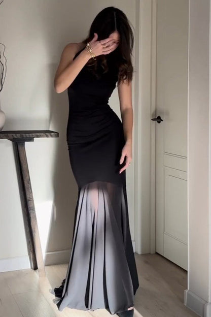 Solid Color Mesh Fitted Sexy Bodycon Maxi Dress