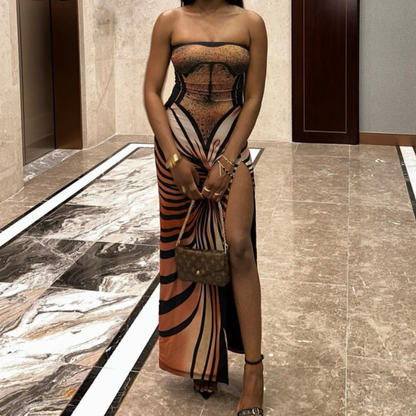 Contrast slit backless tube maxi dress