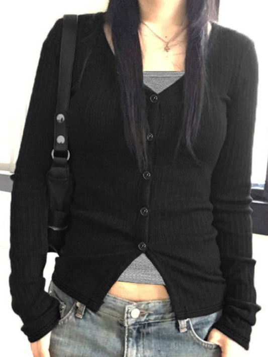 Black 2000s Fake Two Piece Long Sleeve Knits