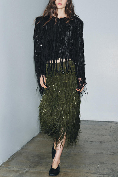 Party Crasher Layered Sequined Tassels High Rise Back Zipper Midi Skirt
